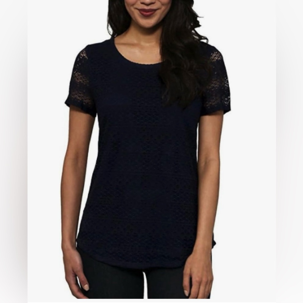 Leo and Nicole Lace Scoop Neck Short Sleeve Black Shirt